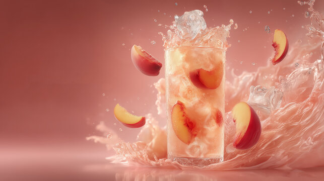 Juicy peaches exploding in water splash with ice, vibrant fruit refreshment background for advertising and packaging