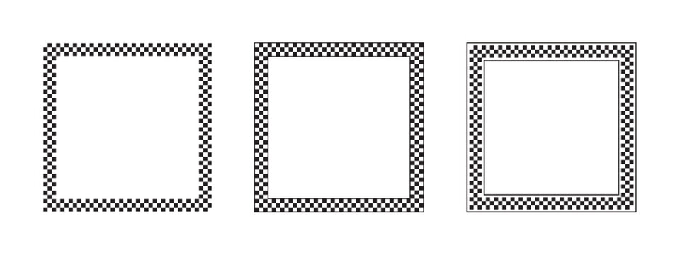 Set of square frames with checkered print isolated on white background. Quadrangular vignettes with black and white checkerboard, rally flag or chess game plane pattern. Vector graphic illistration