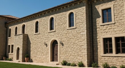 Obraz premium A sunny day reveals a stone building with arched windows and a wooden door