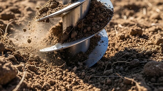 Auger Drilling Into Earth with Splatter, Agriculture and Construction
