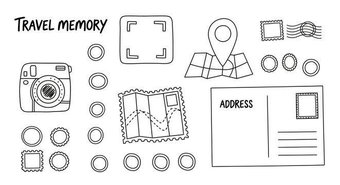 Hand-drawn travel memory collection with camera, maps, postcards, and stamps.