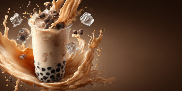 Luxurious creamy bubble tea swirl with floating ice and dark pearls, delicious dessert drink visual for packaging and poster design