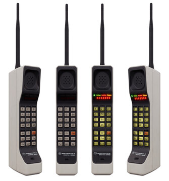 Retro mobile phone Motorola Dynatac 8000x - 80s Cell Phone Front and sides - On and Off