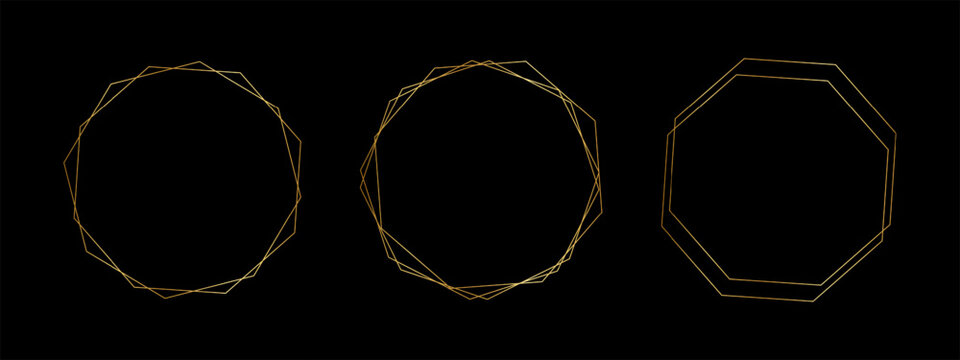 Set of golden octagon frames isolated on white background. Collection of shiny luxury geometric borders. Design elements for banners, greeting or wedding cards. Vector illustration.