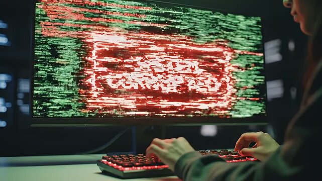 A person working on a computer with a system corrupted video warning on the screen