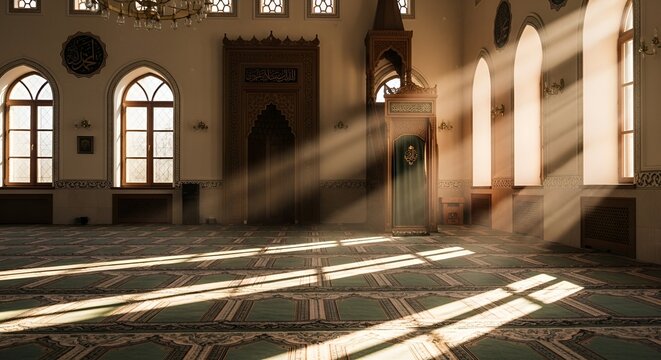 Sunlight streams through arched windows illuminating a mosque interior with intricate carpet patterns and ornate mihrab and minbar creating a serene spiritual atmosphere