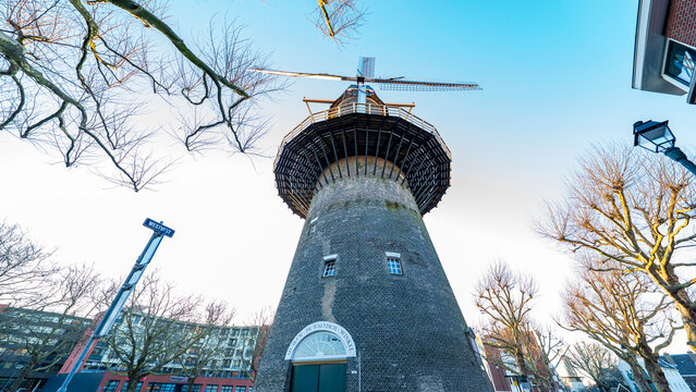View of one of the historical windmills of Schiedam, South Holland Province, Netherlands