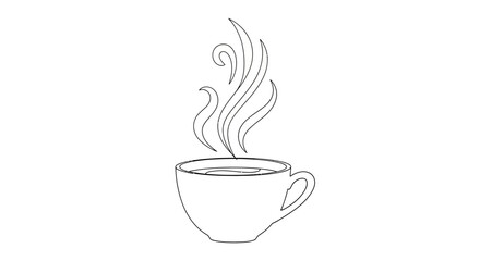 Minimalist one line art of a steaming hot coffee cup.