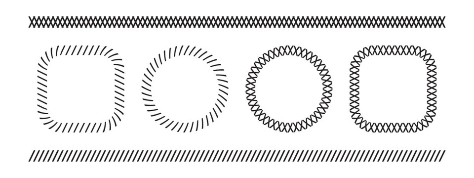 Set of borders and frames with slash and crossed lines print. Tilted stitches and crosses embroidery ornaments on white background. Simple sewing overlock fabric prints. Vector graphic illustration