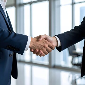 Two business people shaking hands in a modern office setting, symbolizing agreement and partnership.