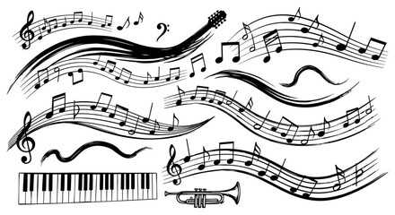 Musical notes and instruments illustration, music themed design elements. © Dika