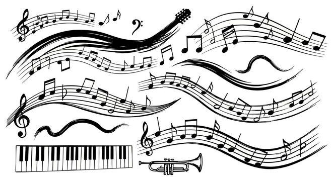 Musical notes and instruments illustration, music themed design elements.