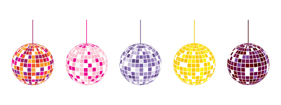 Set of colorful discoballs. Collection of retro music party shining spheres. Glitterball shapes. Mirror balls for night club discotheque in 70s 80s 90s style. Vector flat illustration