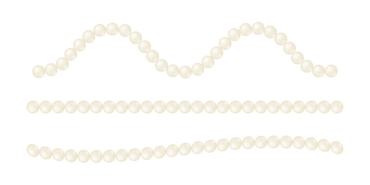 Wavy and straight strings of pearls isolated on white background. Threads of beads for bracelet or necklace. Elegant jewelry borders. Wedding accessories. Vector realistic illustration.