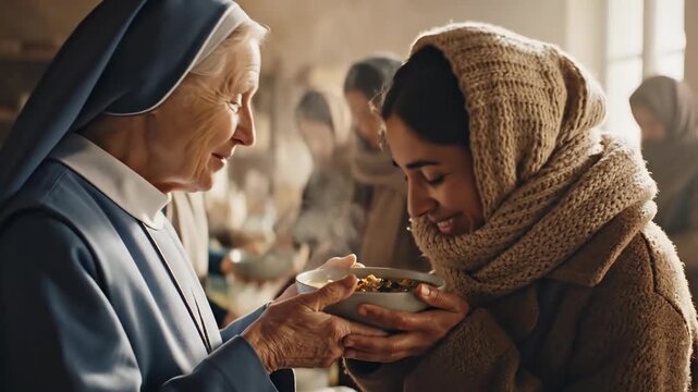 Nun serving hot soup to a woman in a headscarf at a soup kitchen, acts of kindness