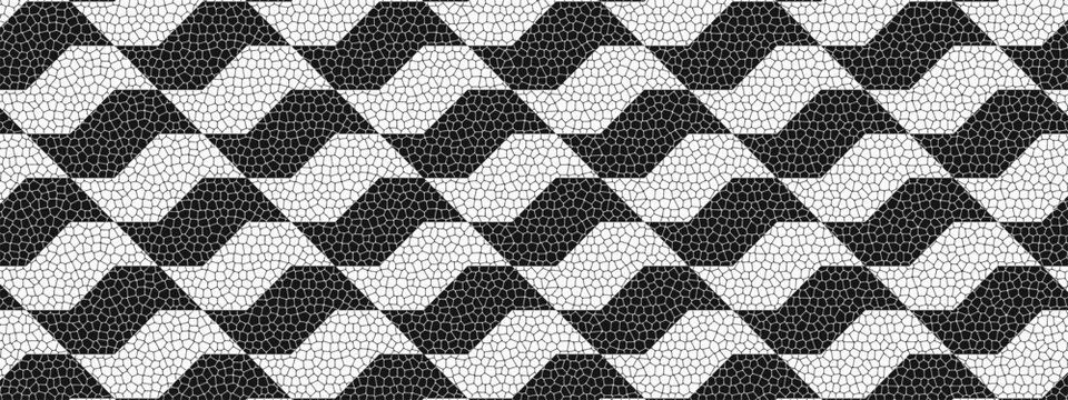 Sao Paulo sidewalk pattern with realistic cobblestone texture. Repeated black and white wavy texture in Portuguese pavement style. Wall or floor mosaic tile background. Vector graphic illustration.