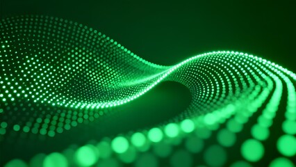 Abstract green wave pattern composed of glowing dots on a dark background