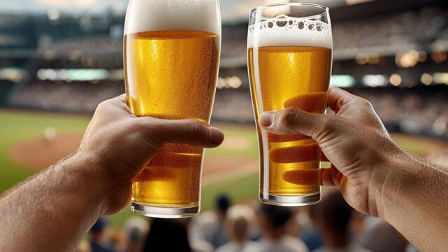 Two people toasting with cold beers in a packed stadium during a sporting event, close-up shot.