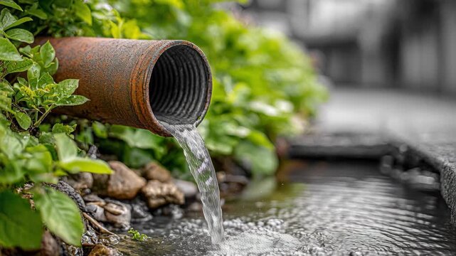 Water flowing rapidly from a rusty drainage pipe into a bubbling stream amidst vibrant green foliage.