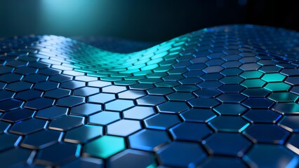 Abstract hexagonal surface with glowing blue and teal patterns, featuring a wavy texture and futuristic design.