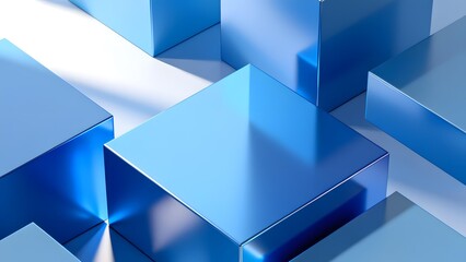 Abstract composition of glossy blue cubes arranged in a geometric pattern with light reflections