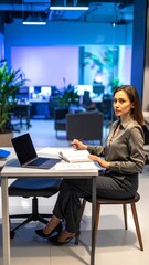 Fototapeta premium Focused young woman working on laptop in modern office, deep in thought and concentration.