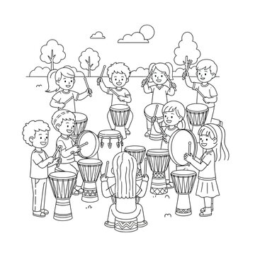 Black and white line art of children playing various drums outdoors with an adult instructor, forming a drum circle in a park setting.