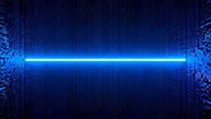 Abstract digital tunnel with glowing blue line and pixelated walls