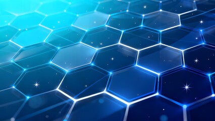 Abstract hexagonal grid with glowing blue lines and star-like highlights on a dark background