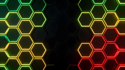 Neon hexagonal grid pattern with glowing green, yellow, and red outlines on a dark background