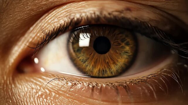 Macro detailed brown human eye with intricate iris texture and reflection