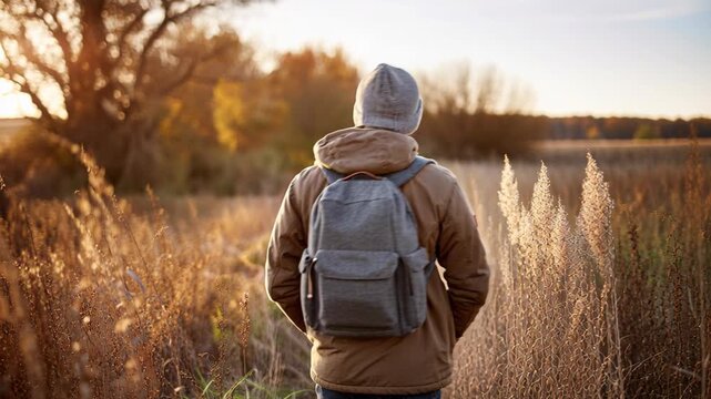 A man wearing a backpack and winter gear stands still in a golden field during sunset or sunrise.