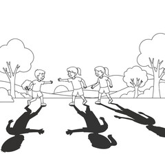 Naklejka premium Three children playing outdoors, casting long shadows in a park-like setting with trees and hills in the background.