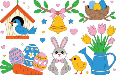 Cute Easter Spring Vector Illustration Set Bunny, Decorated Eggs, Birdhouse, Flowers, Nest and Holiday Elements
