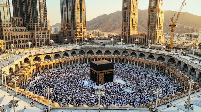 Spiritual journey of Hajj with millions of pilgrims circling the Kaaba at sunset, ideal for faith-based media and global news coverage.