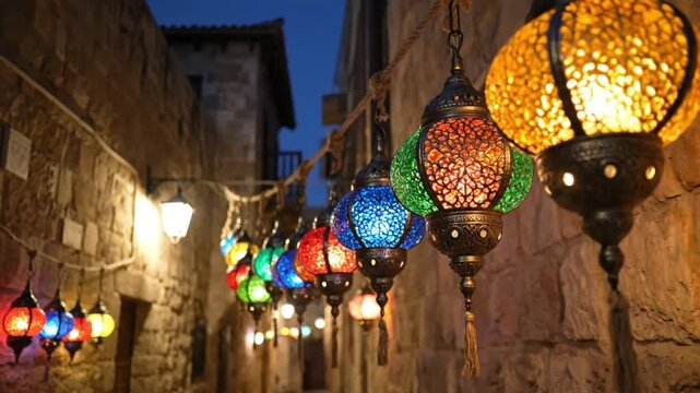 Vibrant lanterns illuminate a narrow alleyway between old stone buildings at dusk from a low viewpoint