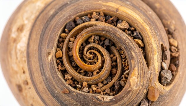 Close-up of a snail shell cross-section revealing intricate spiral patterns and small pebbles inside.