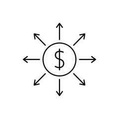 Line art icon of a dollar sign with arrows pointing in different directions on white background, ideal for budget allocation, financial distribution and investment diversification projects