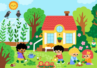 Obraz premium Vector garden landscape. Rural nature detailed scene with country house, greenhouse, children doing gardening works, planting tree. Cute spring horizontal background or book cover for kids