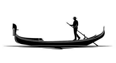 Gondolier standing in a gondola with a long oar against a white background. © Bum