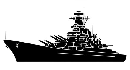 Black and white illustration of a battleship with detailed outline. © Bum
