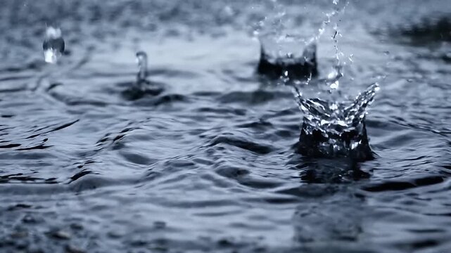 A video capturing raindrops falling into a puddle of water