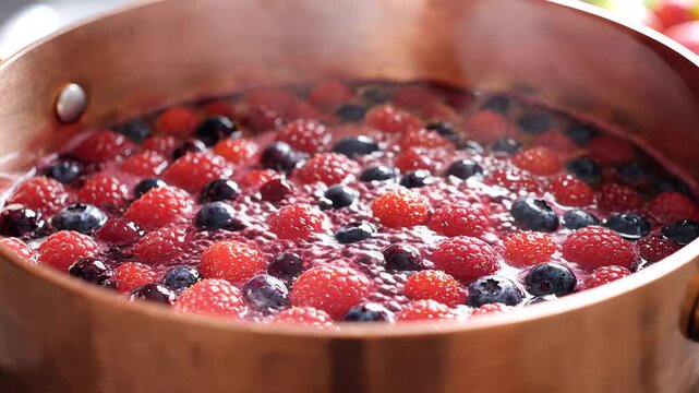 Close-up of Fresh Berries Simmering in a Copper Pot, Creating a Delicious Fruit Compote.