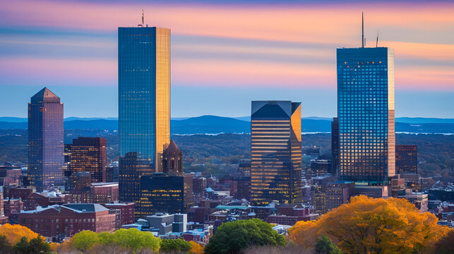 Boston Back Bay modern city skyline including John Hancock Tower, Prudential Tower, and Four Season Hotel at One Dalton Street in Boston, Massachusetts MA, USA.