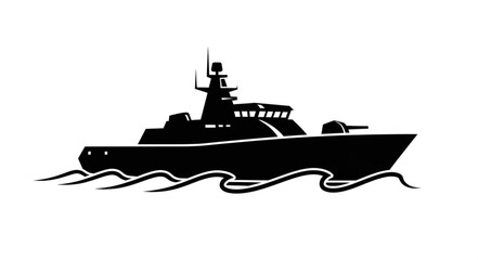 Black silhouette of a naval warship sailing on the ocean waves. © Bum