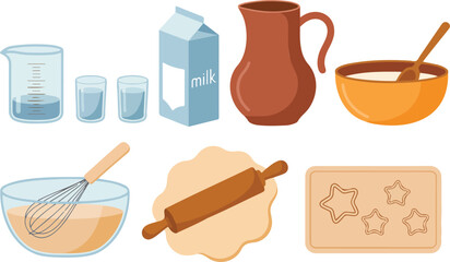 Flat Vector Baking Tools and Ingredients Set Measuring Cup, Milk Carton, Rolling Pin, Whisk, Mixing Bowl, Cookie Cutters Illustration