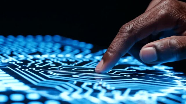 Hand Interacting with Futuristic Circuit Board Display.