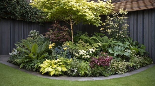 curved garden planting bed with birch acer and ferns