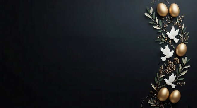 Composizione pasquale con colombe bianche uova d'oro e rami di olivo su sfondo nero. Generative AI