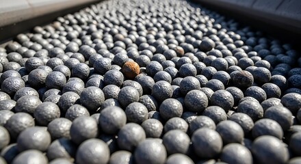 Obraz premium Numerous dark grey industrial pellets lie together with one brown standout. Mining macro